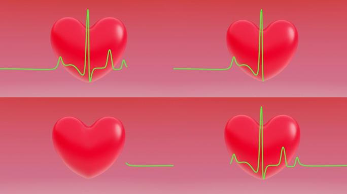 红心标记背景上的心电图和心脏病发作标志，数字艺术，CG，