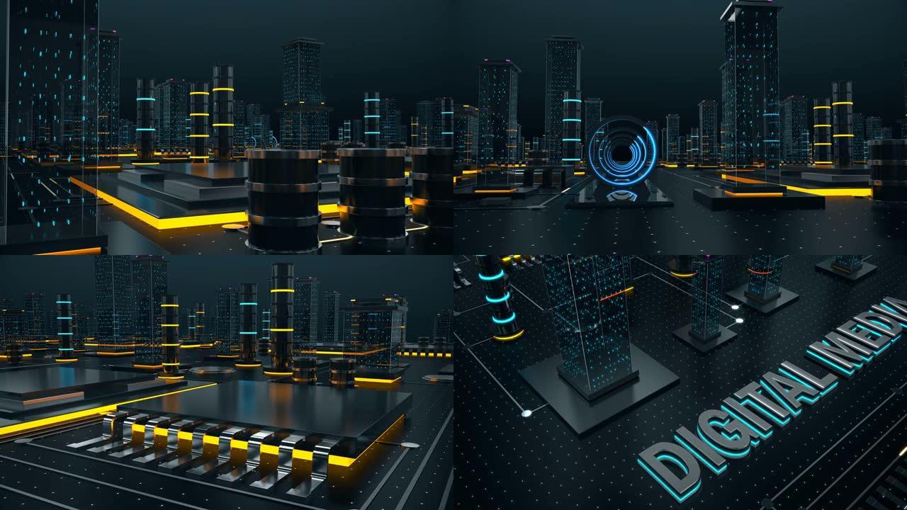 具有概念数字媒体的3D动画未来数字城市