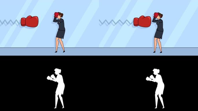 平面卡通女商人女孩角色拳击与大拳击手套商业概念动画