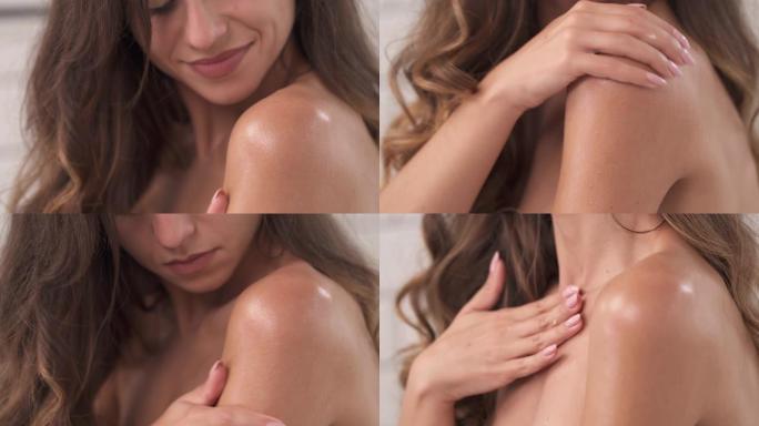 迷人开朗的女人通过按摩动作轻轻地将保湿霜涂在肩膀上。身体护理和卫生概念。特写演示视频