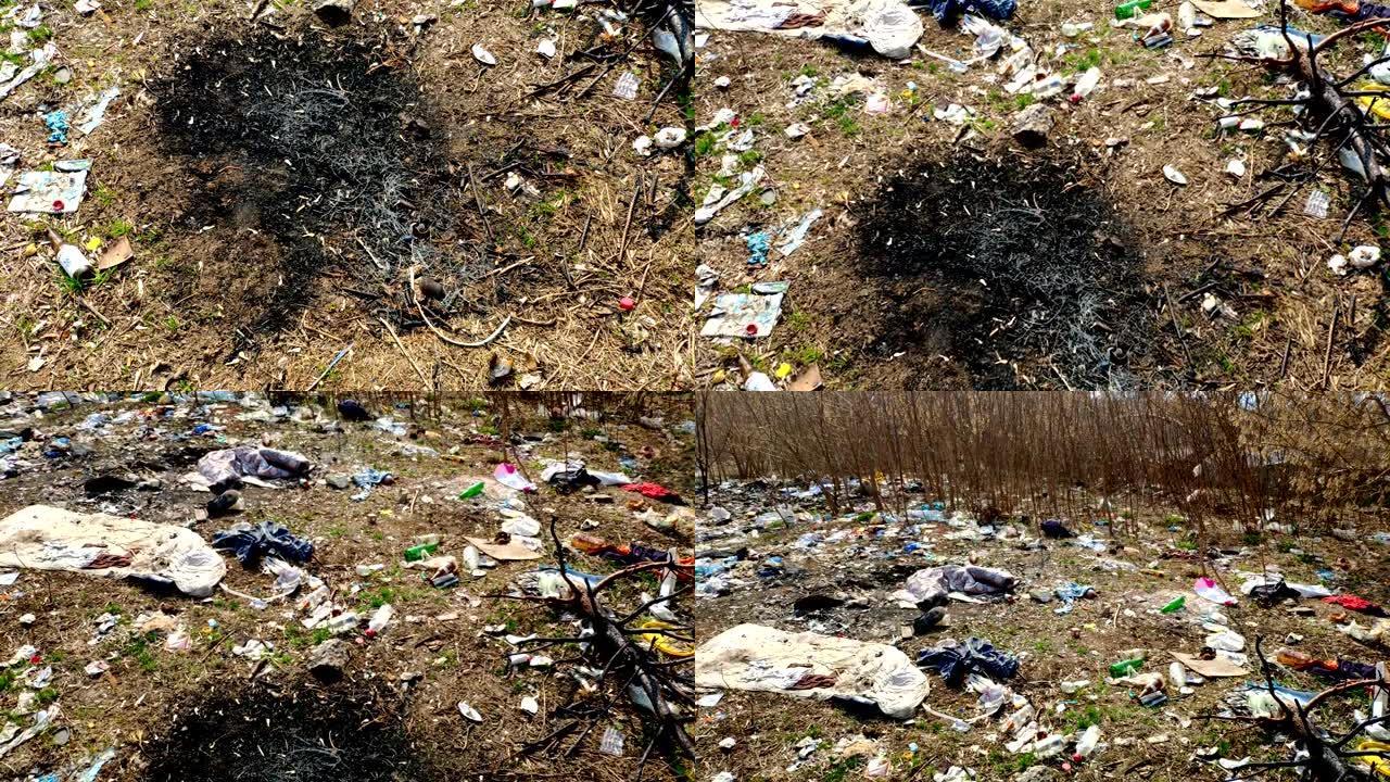 森林里很多垃圾掉在地上。环境污染问题。塑料和垃圾对环境的污染。
