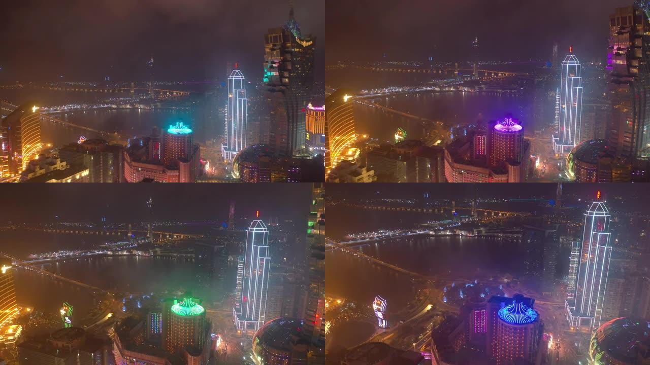 澳门著名酒店区夜景照明飞行塔空中全景4k中国