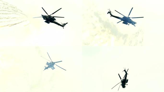 军用直升机发射导弹以防止导弹袭击