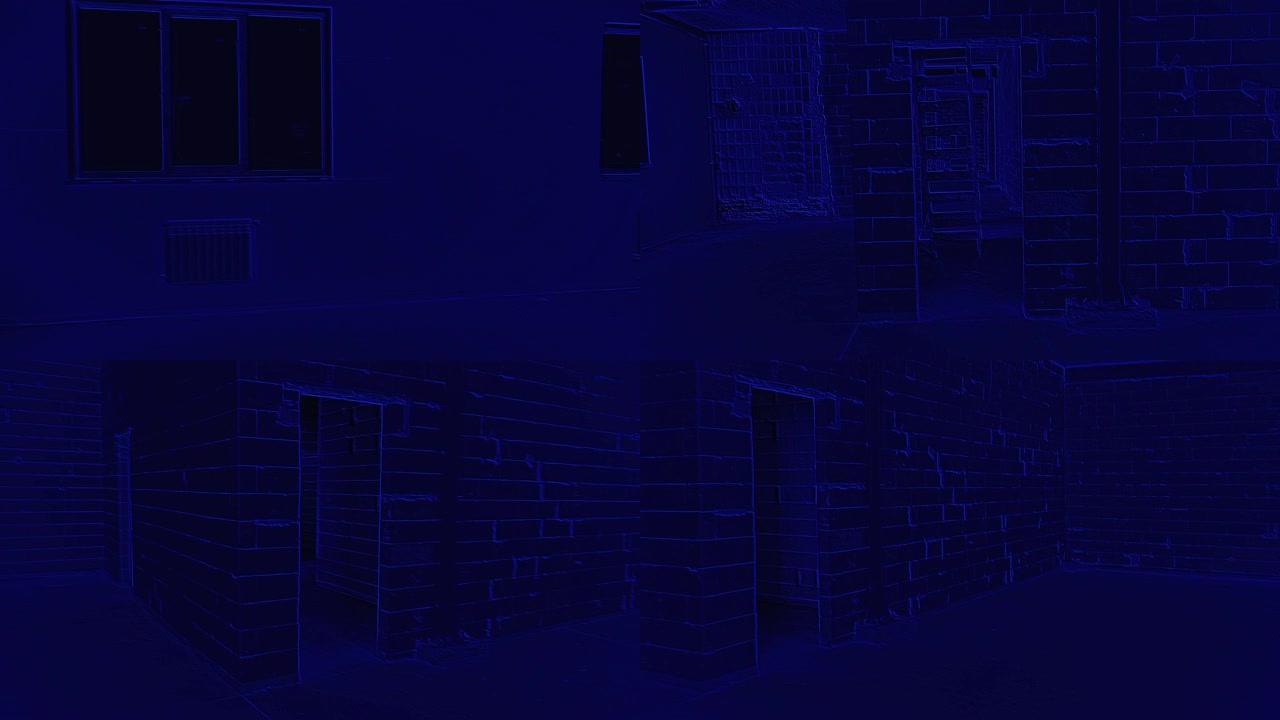 电脑游戏的英雄正在未完工的建筑物中寻找目标。用夜视设备搜索