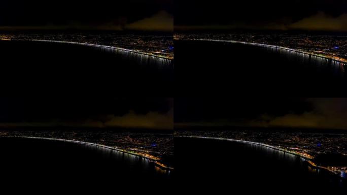4k空中超晚之夜尼斯法国长廊，地中海海景。夜城鸟瞰图。
