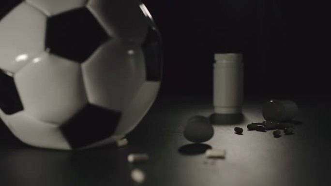 慢动作: 一盒药丸落在足球旁边，药丸散落在周围