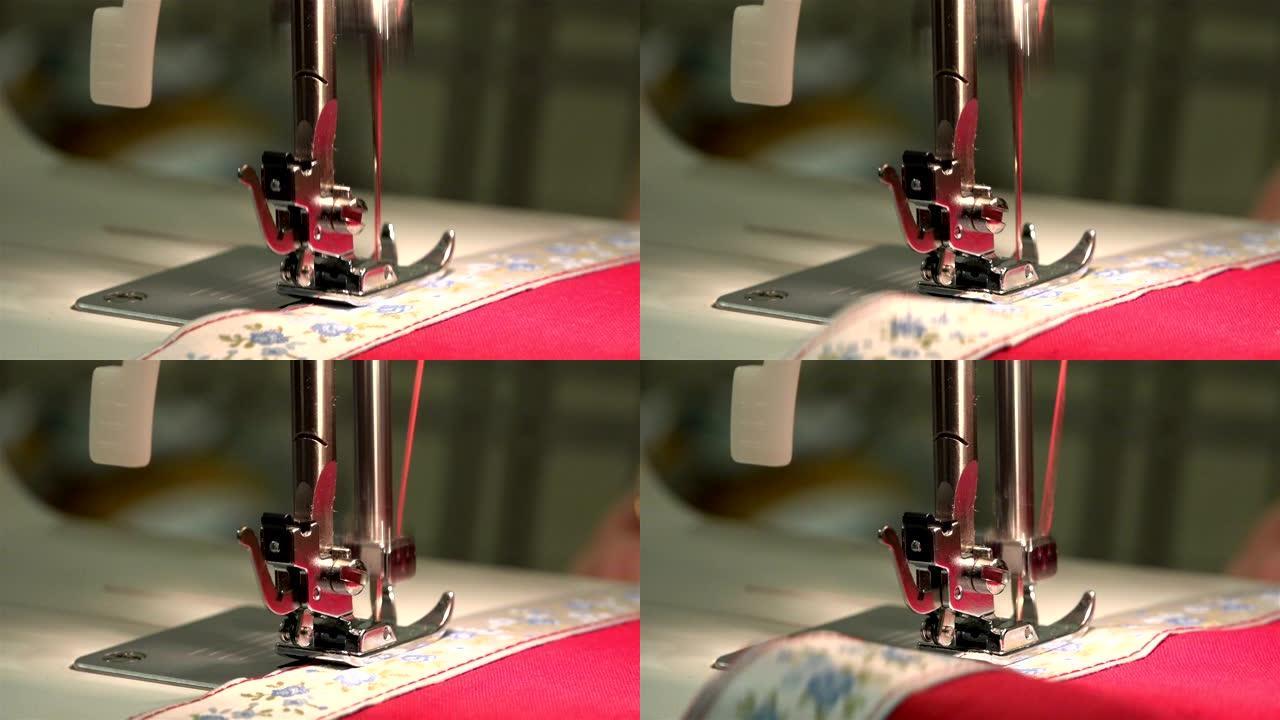 缝纫机编织织物上的红线针缝