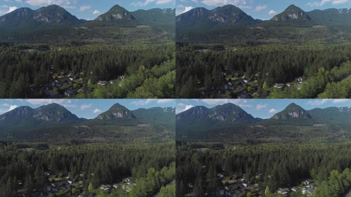 美国西北部华盛顿州山区小镇金条的鸟瞰图。无人机视频与前向摄像机运动。