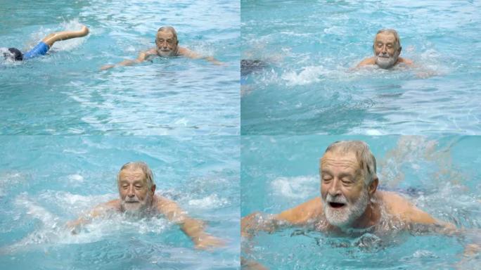 老年夫妇在游泳池游泳好莱坞健康运动概念