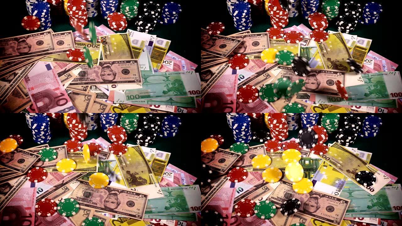 赌钱筹码扑克牌和红色骰子