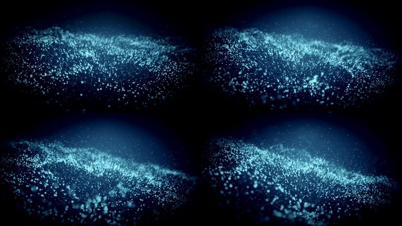 抽象粒子亮蓝波背景。3D波浪形发光火花