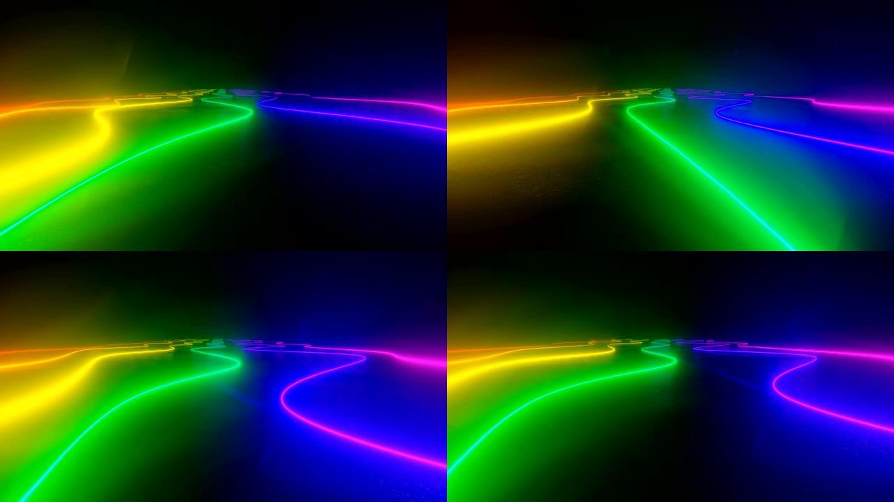 3d渲染，抽象背景，荧光紫外线，发光霓虹灯线，隧道内向前移动，蓝色粉色光谱，现代彩色照明