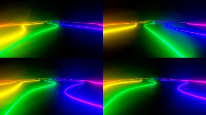 3d渲染，抽象背景，荧光紫外线，发光霓虹灯线，隧道内向前移动，蓝色粉色光谱，现代彩色照明