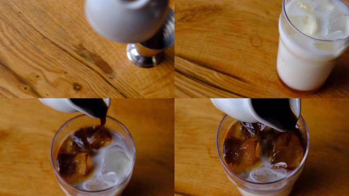 专业咖啡师在繁忙的咖啡店里将咖啡倒入加冰的玻璃杯中并添加牛奶