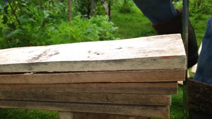 木匠正在锯木板。用钢锯看到了木板。缩短木板。