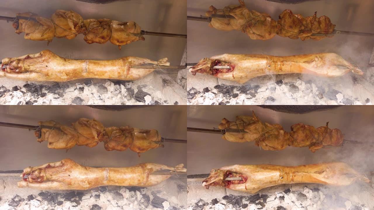 希腊希俄斯岛Avgonima吐烤山羊和鸡肉烤肉串