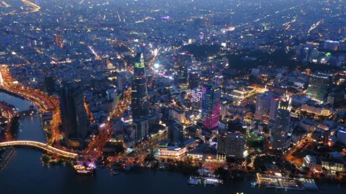越南胡志明鸟瞰图夜晚市中心建筑群高楼大厦