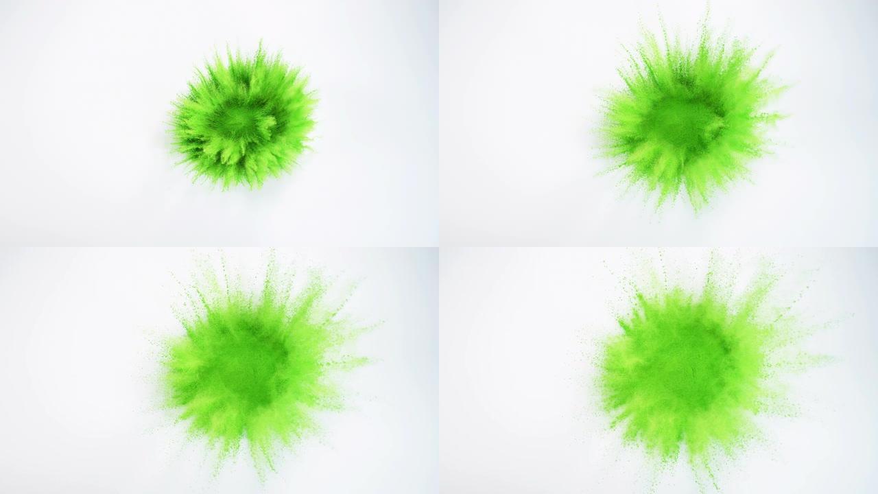 白色背景上的绿色Holi粉末爆炸，慢动作4K