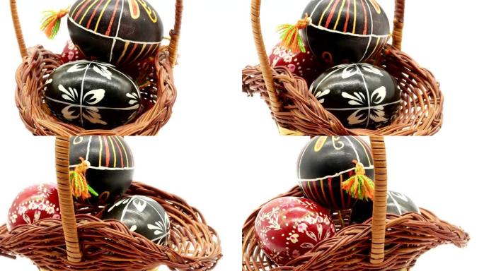 白色背景上彩绘复活节彩蛋的装饰篮