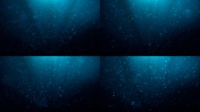闪闪发光的蓝色粒子的抽象运动背景。美丽的蓝色漂浮尘埃颗粒，闪耀光芒。无缝循环3D 4k动画。