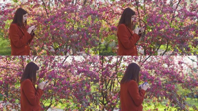 迷人的年轻红发女人在日落时在公园里使用smatphone。背景上的樱花或樱花春天的花朵