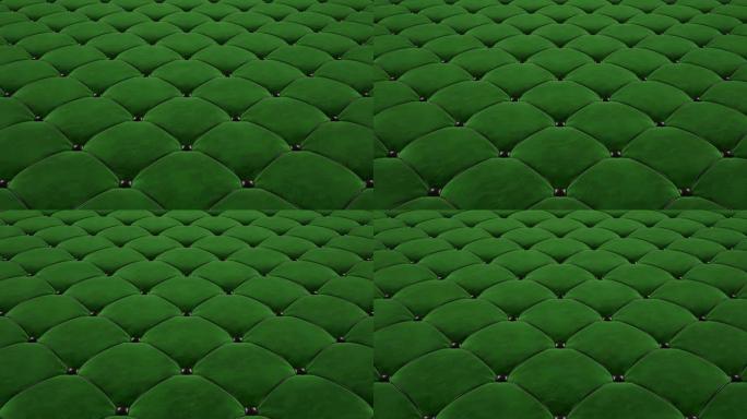 3D动画飞行在绿色绗缝天鹅绒表面与黑色拉绳。循环视频。