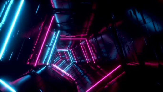 霓虹灯发光科幻未来派紫色蓝色高科技宇宙飞船外星隧道走廊环路充满活力运动飞行芯片详细无尽黑暗空管复古霓