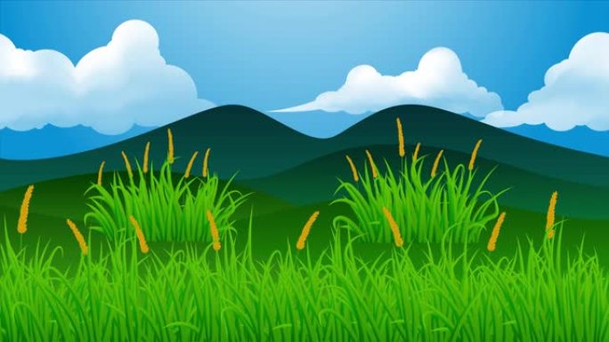 大风天动画10秒无缝循环带山丘和云天的草原风景