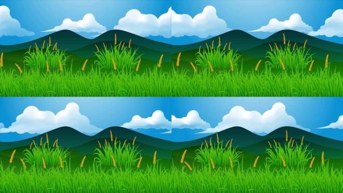 大风天动画10秒无缝循环带山丘和云天的草原风景