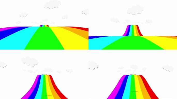 前方有云彩的彩虹之路的运动可以用于彩色动画背景，背景是无缝循环的。