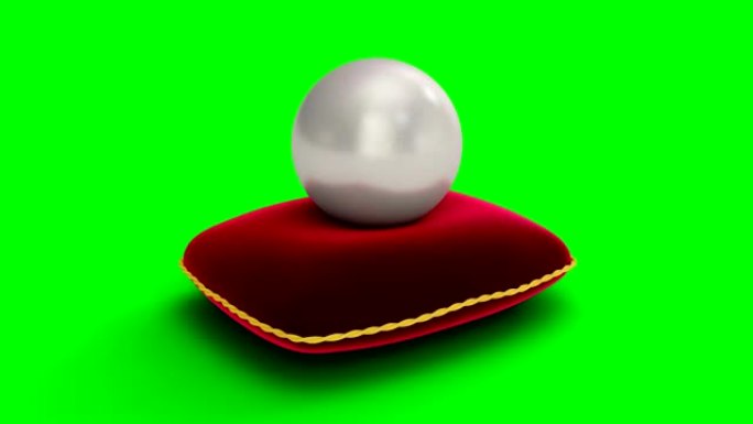 旋转珍珠与红色天鹅绒枕头的表面隔离在绿色背景。珠宝珍珠珠。豪华配饰的辉煌牡蛎珍珠球。灿烂的海珠。3D