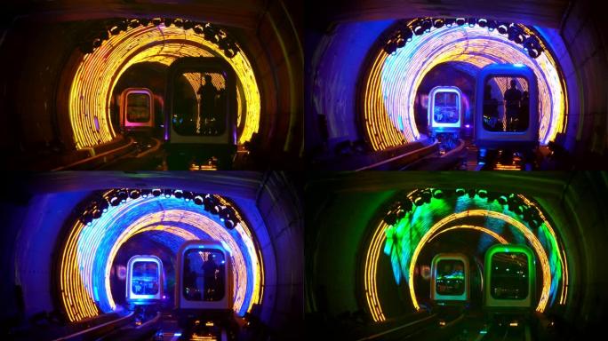 外滩观光隧道的穿梭列车。中国上海市地铁列车。黄浦江下的灯光隧道是上海五大旅游景点之一