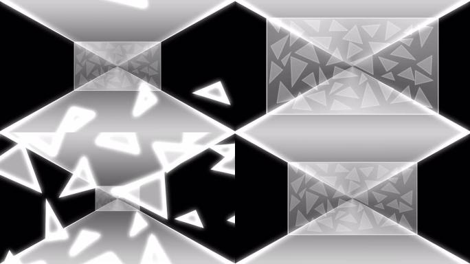 黑色背景上的几何形状发光霓虹灯介绍标题，用于标题前使用的背景或显示无缝循环运动的屏幕。
