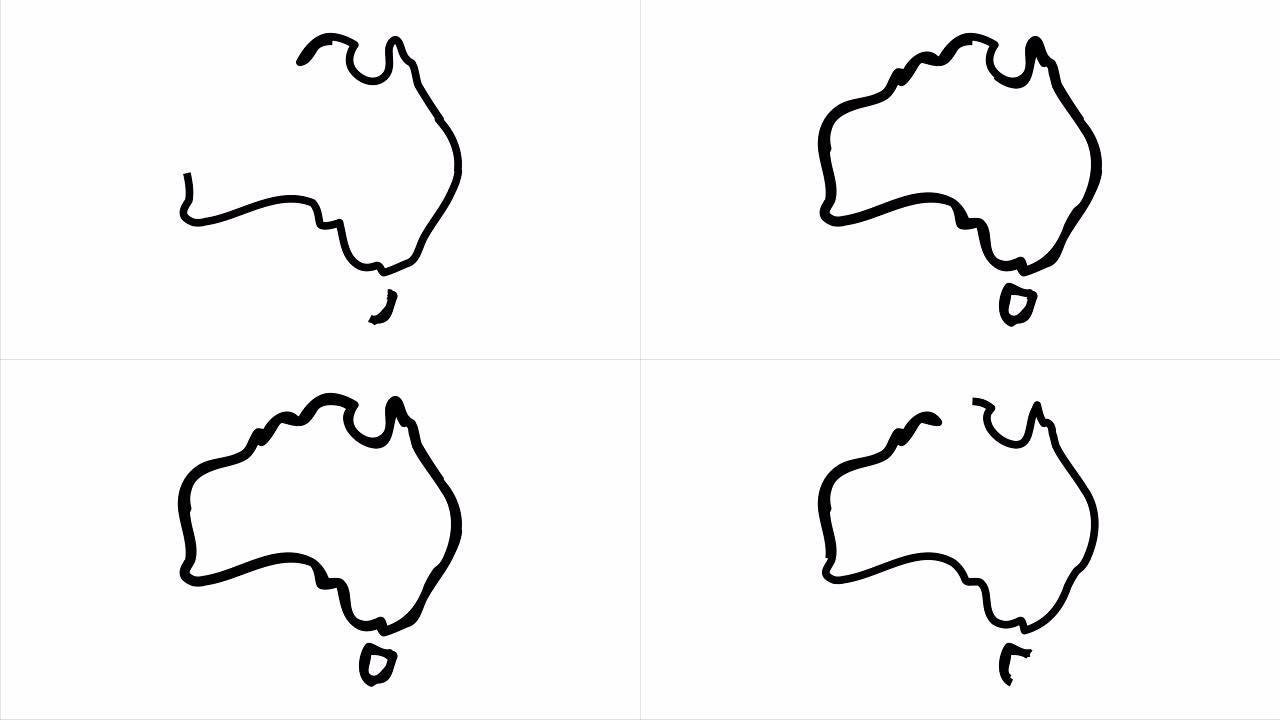 澳大利亚地图素描插图手绘动画阿尔法亮度哑光包括。4k视频