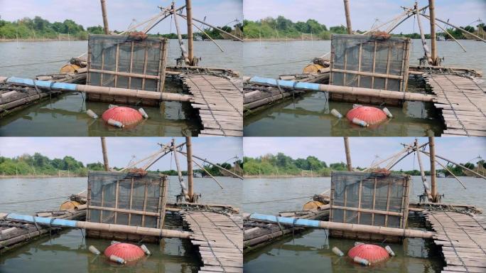 中国渔网装置内竹制鱼笼的特写镜头