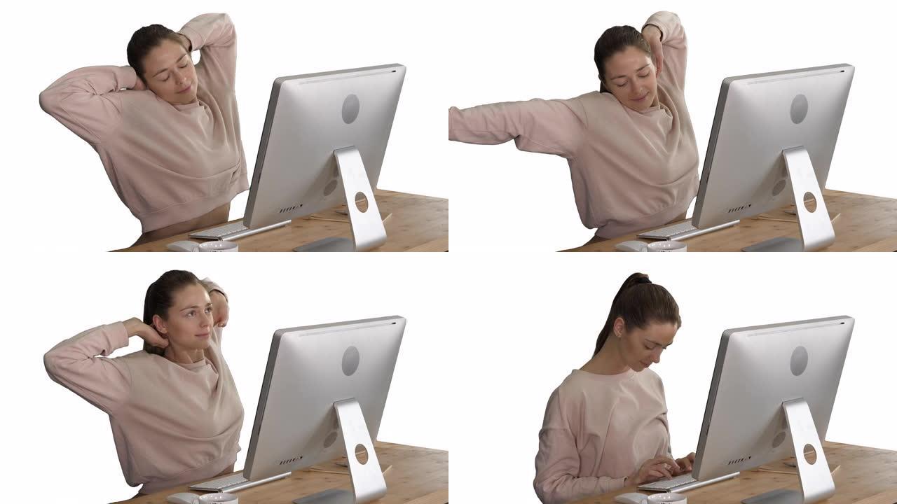 快乐轻松的年轻女子坐在白色背景的电脑前伸展