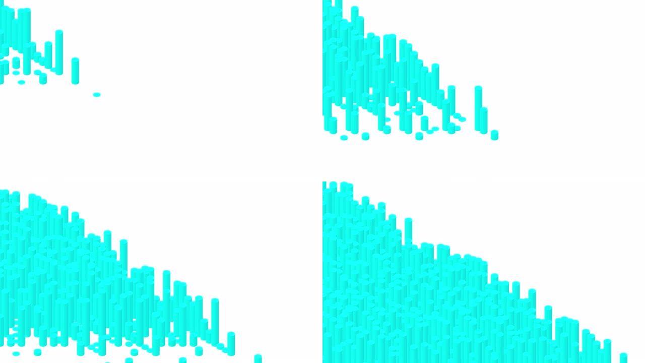 圆柱条3D虚拟等距洗牌波形，区块链技术概念设计插图白色背景动画4K上的蓝色，带复制空间