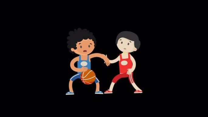 卡通男孩角色与阿尔法频道打篮球。练习概念视频动画。