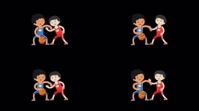 卡通男孩角色与阿尔法频道打篮球。练习概念视频动画。