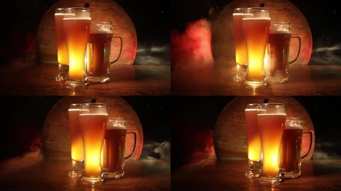 创意概念。木制桌子上的啤酒杯，深色的雾状背景。选择性聚焦