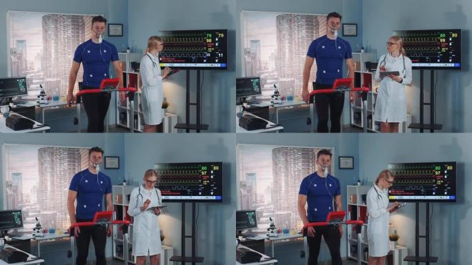 心脏呼吸测试: 显示有平板监测运动员心电图的心脏病专家
