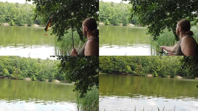 那家伙在森林湖上钓鱼。