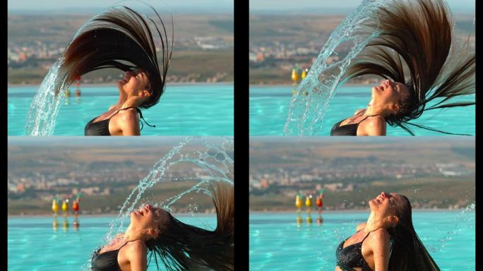 女人把头发扔回游泳池，超慢动作