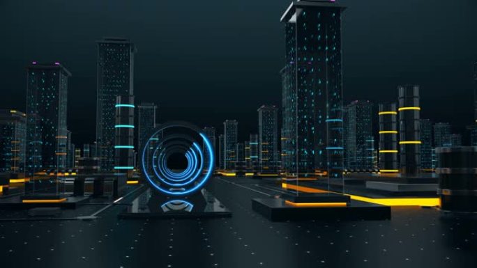 具有概念经济学活动的3D动画未来数字城市