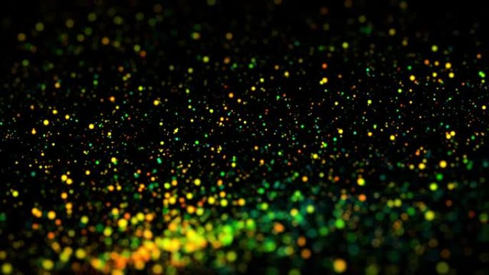 液体漂浮和闪闪发光的多色颗粒。4k 3d平流背景与闪闪发光的粒子，景深和黑化孤立在黑色。亮度哑光切出