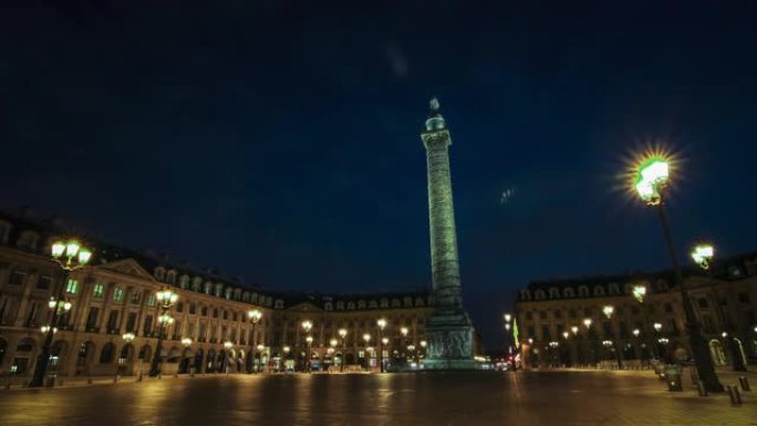 巴黎之夜，历史悠久的旺多姆之地的时间流逝。