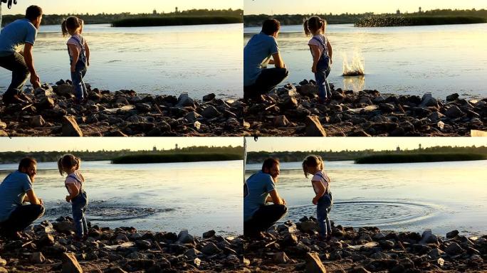 大胡子的父亲和一个小女孩坐在河边，在日落的夏日傍晚向水中扔石头。