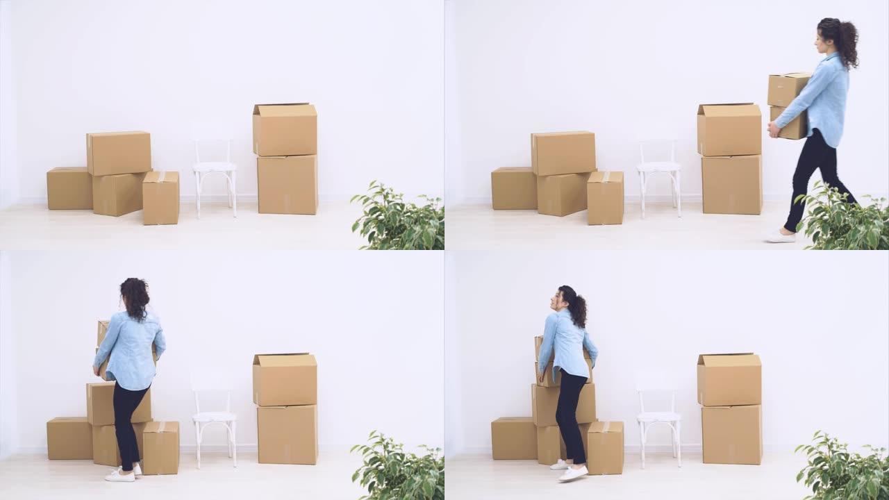 坚强的女人正在搬运大型移动箱子，装满物品，孤立在白色背景上。复制空间。动画。行动。4K。