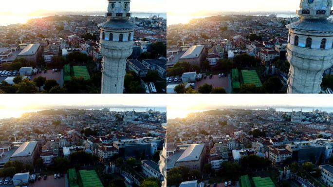 鸟瞰图的贝亚兹特塔和伊斯坦布尔的历史半岛在日出的背景