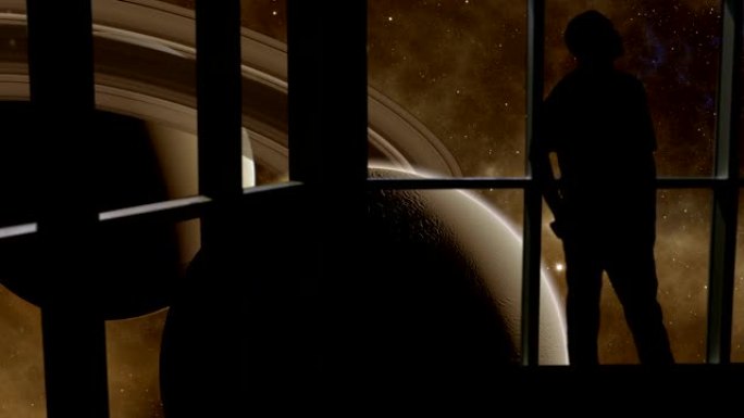在这个抽象的概念中，一个剪影的人站在窗户前，俯瞰土星周围的月亮。